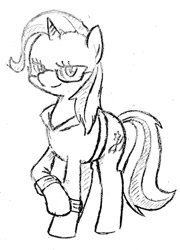 Size: 737x1024 | Tagged: safe, artist:tebasaki, character:trixie, species:pony, species:unicorn, clothing, female, glasses, grayscale, mare, monochrome, simple background, solo, traditional art