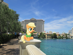 Size: 3200x2400 | Tagged: safe, artist:austinious, artist:missbeigepony, character:applejack, species:human, caesar's palace, car, clothing, female, filly, hotel, irl, las vegas, photo, pond, ponies in real life, shadow, shirt, sidewalk, sitting, solo, vector, water