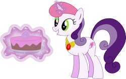 Size: 1571x996 | Tagged: safe, artist:kaylathehedgehog, character:sweetie belle, character:sweetie belle (g3), species:pony, species:unicorn, g3, g4, cake, element of love, elements of harmony, female, food, g3 to g4, generation leap, glowing horn, jewelry, necklace, solo, sweetie belle's magic brings a great big smile