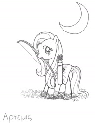 Size: 1344x1744 | Tagged: safe, artist:catscratchpaper, character:fluttershy, arrow, bow (weapon), greek, moon, mythology, prince artemis, sandals, traditional art