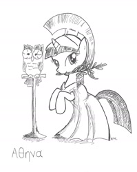 Size: 1432x1796 | Tagged: safe, artist:catscratchpaper, character:owlowiscious, character:twilight sparkle, species:pony, armor, athena, athena sparkle, costume, duo, female, grayscale, greek, greek mythology, helmet, hilarious in hindsight, mare, monochrome, mouth hold, olive branch, rearing, robe, simple background, traditional art, white background