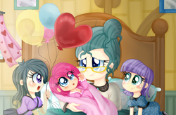 Size: 2602x1712 | Tagged: safe, artist:lucy-tan, character:cloudy quartz, character:marble pie, character:maud pie, character:pinkie pie, species:human, g4, adoraquartz, balloon, clothing, cute, dress, glasses, humanized, skirt, younger