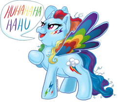 Size: 900x750 | Tagged: safe, artist:hollowzero, character:rainbow dash, colored wings, fat angry rainbow dash, female, laughing, multicolored wings, rainbow dash always dresses in style, rainbow power, rainbow wings, solo, toy