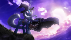 Size: 3585x2016 | Tagged: safe, artist:shaadorian, character:trixie, species:pony, species:unicorn, g4, backlighting, book, cape, cliff, clothing, female, high res, magic, mare, solo, vertigo, windswept mane