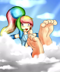 Size: 1759x2104 | Tagged: safe, artist:xptzstudios, character:rainbow dash, species:human, alternate hairstyle, barefoot, cloud, cloudy, cute, dashabetes, feet, female, foot fetish, foot focus, humanized, soles, solo, toes