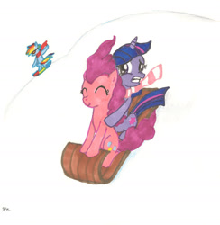 Size: 1592x1632 | Tagged: safe, artist:catscratchpaper, character:pinkie pie, character:rainbow dash, character:twilight sparkle, goggles, sled, sledge, snowboard