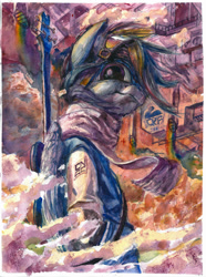 Size: 772x1036 | Tagged: safe, artist:quiet-victories, character:rainbow dash, species:pegasus, species:pony, abstract background, bass guitar, bipedal, clothing, female, guitar, looking at you, mare, musical instrument, scarf, semi-anthro, solo, traditional art, watercolor painting