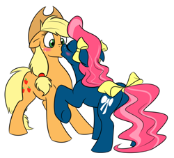 Size: 990x898 | Tagged: safe, artist:calicopikachu, character:applejack, character:bowtie (g1), species:earth pony, species:pony, g1, g4, blushing, bow, bowtiejack, duo, eyes closed, female, g1 to g4, generation leap, hair bow, kissing, lesbian, mare, raised hoof, shipping, simple background, tail bow, white background