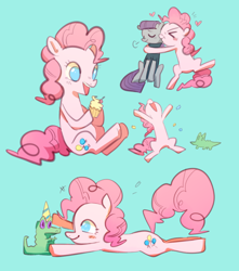 Size: 750x850 | Tagged: safe, artist:magneticskye, character:gummy, character:maud pie, character:pinkie pie, clothing, hat, kiss on the cheek, kissing, party hat, pet, platonic kiss, prone, siblings, sketch dump