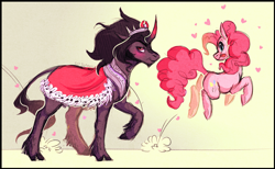 Size: 2893x1777 | Tagged: safe, artist:sutexii, character:king sombra, character:pinkie pie, species:classical unicorn, species:earth pony, species:pony, species:unicorn, blushing, bouncing, cape, clothing, cloven hooves, colored horn, couple, crack shipping, curved horn, duo, female, heart, horn, jumping, leonine tail, male, mare, pronking, shipping, simple background, sombra horn, sombrapie, stallion, tan background, tongue out
