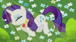 Size: 1920x1080 | Tagged: safe, artist:adcoon, character:rarity, species:pony, species:unicorn, episode:secret of my excess, g4, my little pony: friendship is magic, crepuscular rays, female, fire ruby, flower, inkscape, mare, on side, sleeping, smiling, solo, vector, wallpaper