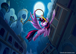 Size: 4092x2893 | Tagged: safe, artist:l1nkoln, character:twilight sparkle, character:twilight sparkle (alicorn), species:alicorn, species:pony, female, flying, lasso, low angle, mare, night, solo, window