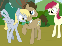Size: 1151x853 | Tagged: safe, artist:hyolark, character:derpy hooves, character:doctor whooves, character:roseluck, character:time turner, species:pegasus, species:pony, ship:doctorderpy, doctor whooves gets all the mares, female, jealous, love triangle, male, mare, shipping, straight