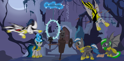 Size: 18000x8900 | Tagged: safe, artist:csillaghullo, oc, species:bat pony, species:pegasus, species:pony, species:unicorn, absurd resolution, castle, everfree forest, mace, magic, old castle ruins, palace, ring, royal guard, ruins, training, tree