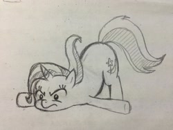 Size: 1024x768 | Tagged: dead source, safe, artist:tebasaki, character:trixie, species:pony, species:unicorn, annoyed, face down ass up, female, frown, grayscale, mare, monochrome, simple background, solo, traditional art, tripsie, unamused, white background