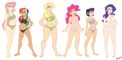 Size: 1519x748 | Tagged: safe, artist:ric-m, character:applejack, character:fluttershy, character:pinkie pie, character:rainbow dash, character:rarity, character:twilight sparkle, species:human, barefoot, belly button, bra, breasts, clothing, crop top bra, feet, female, frilly underwear, frown, grin, humanized, line-up, mane six, midriff, open mouth, panties, plump, ribbon, simple background, smiling, standing, underwear, white background