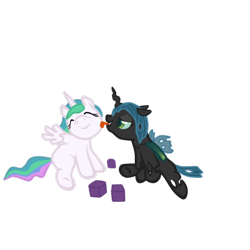 Size: 500x500 | Tagged: safe, artist:lemurkatta, character:princess celestia, character:queen chrysalis, species:alicorn, species:changeling, species:pony, ship:chryslestia, blocks, changeling queen, cute, cutealis, cutelestia, female, filly, foal, lesbian, licking, nymph, shipping, simple background, transparent background, younger