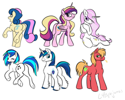 Size: 1422x1138 | Tagged: safe, artist:calicopikachu, character:big mcintosh, character:bon bon, character:dj pon-3, character:fleur-de-lis, character:princess cadance, character:shining armor, character:sweetie drops, character:vinyl scratch, species:alicorn, species:earth pony, species:pony, species:unicorn, bedroom eyes, butt, eyes closed, female, hair over one eye, looking at you, looking back, male, mare, plot, pose, raised hoof, raised leg, sitting, smiling, stallion, trotting, underhoof, unshorn fetlocks