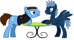 Size: 1211x659 | Tagged: safe, artist:fimbulvinter, character:doctor whooves, character:star hunter, character:time turner, species:earth pony, species:pegasus, species:pony, argument, background pony, duo, jack harkness, male, ninth doctor, ponified, simple background, sonic screwdriver, stallion, table, the doctor, torchwood, torchwood: equestria, transparent background, vector