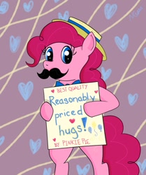 Size: 817x978 | Tagged: safe, artist:cwossie, character:pinkie pie, episode:trade ya, g4, my little pony: friendship is magic, bow tie, clothing, crayons, fake moustache, female, free hugs, haggler pie, hat, salespony, solo