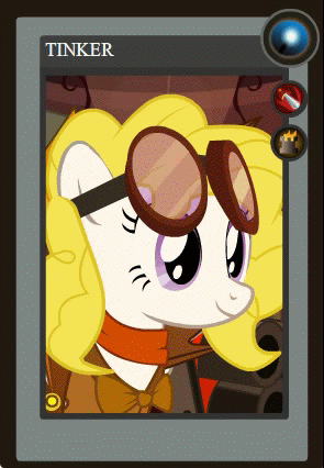 Size: 295x426 | Tagged: safe, artist:yudhaikeledai, part of a set, character:surprise, oc, oc only, oc:tinker, animated, bubble pipe, card, dota 2, female, goggles, part of a series, ponified dota 2 cards, solo
