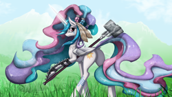 Size: 3800x2137 | Tagged: safe, artist:shaadorian, character:princess celestia, species:alicorn, species:pony, alternate hairstyle, amazon, badass, barbarian, braid, fantasy class, feather, female, hammer, high res, looking at you, looking back, magic, mare, necklace, plot, smiling, solo, tattoo, thunder hammer, tribal, war hammer, warrior celestia, weapon