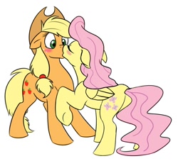 Size: 990x898 | Tagged: safe, artist:calicopikachu, edit, character:applejack, character:fluttershy, ship:appleshy, blush sticker, blushing, female, kissing, lesbian, raised hoof, recolor, shipping, simple background, surprise kiss, surprised