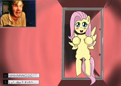 Size: 1400x1000 | Tagged: safe, artist:sonikku001, character:fluttershy, species:human, blushing, crossover, cute, looking at you, open mouth, pewdiepie, playing, reaction, scared, scp foundation, smiling, this will end in death