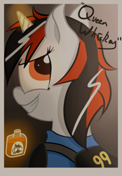 Size: 750x1075 | Tagged: safe, artist:mattatatta, oc, oc only, oc:blackjack, species:pony, species:unicorn, fallout equestria, fallout equestria: project horizons, g4, alcohol, clothing, fallout, female, mare, queen whiskey, security armor, solo, vault security armor, vault suit, whiskey