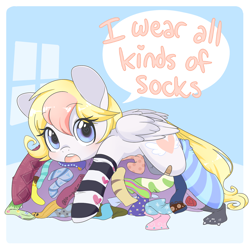 Size: 1280x1280 | Tagged: safe, artist:inkie-heart, oc, oc only, oc:inkie heart, species:pegasus, species:pony, ask-inkieheart, bandaid, clothing, heart, looking at you, open mouth, socks, solo, striped socks