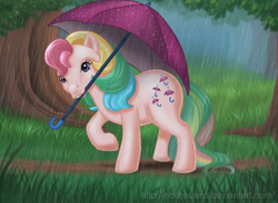 Size: 750x550 | Tagged: safe, artist:hollowzero, character:parasol (g1), g1, female, mouth hold, rain, solo, umbrella