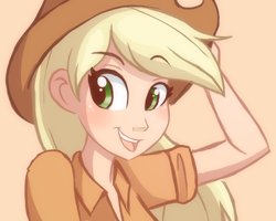Size: 720x576 | Tagged: safe, artist:ric-m, character:applejack, species:human, beautiful, bust, colored background, cute, female, humanized, jackabetes, open mouth, solo