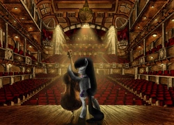 Size: 3177x2288 | Tagged: safe, artist:josh-5410, artist:metadragonart, character:derpy hooves, character:octavia melody, species:pony, auditorium, balcony, bipedal, cello, chandelier, collaboration, crepuscular rays, eyes closed, featured on derpibooru, high res, interior, musical instrument, smiling, spotlight, stage, stairs, theater, when you see it