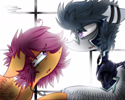 Size: 4602x3664 | Tagged: safe, artist:scootaloocuteness, character:rumble, character:scootaloo, species:pegasus, species:pony, ship:rumbloo, armor, crying, female, male, necklace, sad, shipping, straight