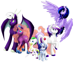 Size: 800x668 | Tagged: safe, artist:arcadianphoenix, oc, oc only, oc:opal flare, oc:prince shining romance, oc:princess morning mist, oc:princess starlight swirl, oc:radiant aegis, oc:sapphire blitz, parent:flash sentry, parent:princess cadance, parent:princess celestia, parent:rarity, parent:shining armor, parent:spike, parent:twilight sparkle, parents:flashlight, parents:guardlestia, parents:shiningcadance, parents:sparity, species:crystal pony, species:dracony, species:pegasus, species:pony, species:unicorn, flying, hybrid, interspecies offspring, looking at you, next generation, offspring, raised hoof, rearing, smiling, spread wings, wings