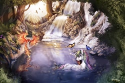 Size: 1200x800 | Tagged: safe, artist:ziom05, character:philomena, character:princess celestia, bathing, beautiful, butterfly, detailed, outdoors, scenery, technically advanced, tree, water, water spring, waterfall, wet mane