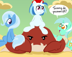 Size: 1500x1200 | Tagged: safe, artist:epulson, character:dj pon-3, character:lyra heartstrings, character:trixie, character:vinyl scratch, oc, oc:tom the crab, species:crab, beach, cap, clothing, do you even lift, giant crab, hat, meme, sand