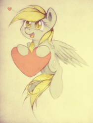 Size: 600x799 | Tagged: safe, artist:agletka, character:derpy hooves, species:pegasus, species:pony, female, happy, heart, mare, solo, traditional art
