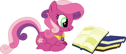 Size: 2472x1063 | Tagged: safe, artist:kaylathehedgehog, character:cheerilee (g3), species:earth pony, species:pony, g3, g4, book, element of beauty, elements of harmony, female, g3 to g4, generation leap, i hope we hear a story from cheerilee, jewelry, necklace, read, reading, solo