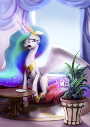 Size: 724x1024 | Tagged: safe, artist:cannibalus, character:princess celestia, species:alicorn, species:pony, cup, disgusted, fanfic art, female, food, mare, morning, pillow, plant, pouring, princess celestia hates tea, sitting, solo, spread wings, table, tea, teacup, tongue out, wings