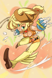 Size: 1181x1748 | Tagged: safe, artist:daikoku, character:applejack, species:human, action pose, belt, breasts, chaps, clothing, female, front knot midriff, gloves, humanized, manegirls, midriff, parody, pixiv, skullgirls, solo, tan lines