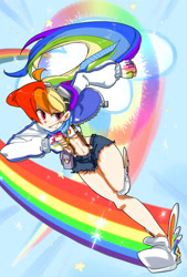 Size: 1181x1748 | Tagged: safe, artist:daikoku, character:rainbow dash, species:human, belly button, breasts, clothing, daisy dukes, delicious flat chest, female, fingerless gloves, gloves, humanized, manegirls, parody, pixiv, ponytail, rainbow, rainbow flat, skullgirls, solo, suspenders, trail, underboob, winged shoes