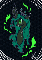 Size: 841x1190 | Tagged: safe, artist:chirpy-chi, character:queen chrysalis, female, grin, profile, solo