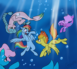 Size: 1000x900 | Tagged: safe, artist:calicopikachu, character:rainbow dash, character:spitfire, species:pegasus, species:pony, ship:spitdash, bubble, female, hippocampus, lesbian, mare, merpony, shipping, underwater