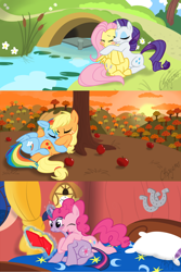 Size: 1500x2250 | Tagged: safe, artist:calicopikachu, character:applejack, character:fluttershy, character:pinkie pie, character:rainbow dash, character:rarity, character:twilight sparkle, ship:appledash, ship:rarishy, ship:twinkie, apple, bed, blushing, bridge, cuddling, cute, eyes closed, female, frown, hug, hug from behind, kissing, lesbian, magic, mane six, on back, open mouth, prone, reading, river, shipping, sitting, sleeping, smiling, snuggling, stream, telekinesis, tree, under the tree