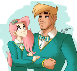 Size: 1203x1106 | Tagged: safe, artist:ric-m, character:big mcintosh, character:fluttershy, species:human, ship:fluttermac, beautiful, eye contact, female, handsome, humanized, male, ponytones outfit, shipping, straight