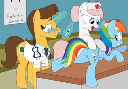Size: 850x595 | Tagged: safe, artist:hyolark, character:doctor horse, character:doctor stable, character:nurse redheart, character:rainbow dash, species:earth pony, species:pegasus, species:pony, species:unicorn, annoyed, butt, clothing, feather flu, featureless crotch, female, frown, gritted teeth, injection, levitation, magic, male, mare, needle, open mouth, plot, prone, raised eyebrow, scared, stallion, syringe, telekinesis, trypanophobia, vaccination