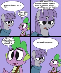 Size: 816x979 | Tagged: safe, artist:epulson, edit, character:maud pie, character:rarity, character:spike, species:dragon, species:earth pony, species:pony, anti-shipping, brutal honesty, comic, dialogue, frown, maud and spike's chat, misspelling, open mouth, shipping denied, speech bubble, wide eyes