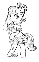 Size: 645x1024 | Tagged: safe, artist:tebasaki, character:suri polomare, species:pony, bipedal, broom, female, grayscale, monochrome, simple background, solo
