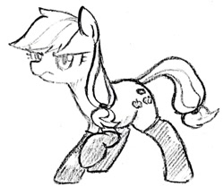 Size: 1024x892 | Tagged: safe, artist:tebasaki, character:applejack, species:earth pony, species:pony, clothing, female, fireproof boots, grayscale, hatless, missing accessory, monochrome, simple background, socks, solo, traditional art